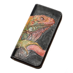 Handmade Leather Chameleon Mens Chain Zipper Biker Wallet Cool Leather Wallet Long Phone Wallets for Men