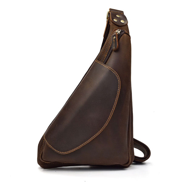 Cool Triangular Leather Mens Sling Bag Chest Bag Sling Crossbody Bag One Shoulder Backpack For Mens - iwalletsmen