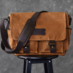 Canvas Leather Mens Large Brown Side Bag 14'' Khaki Messenger Bag Brown Postman Bag For Men - iwalletsmen