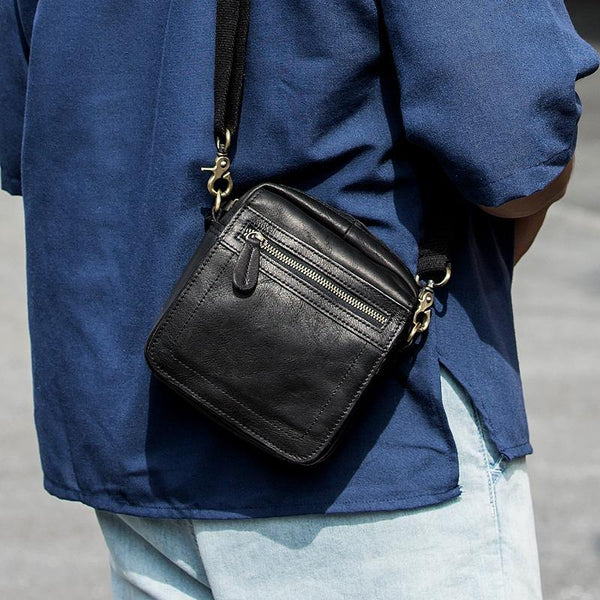 Black Mini Leather Mens Phone Bag Black Small Postman Bag Messenger Bags Side Bag for Men - iwalletsmen