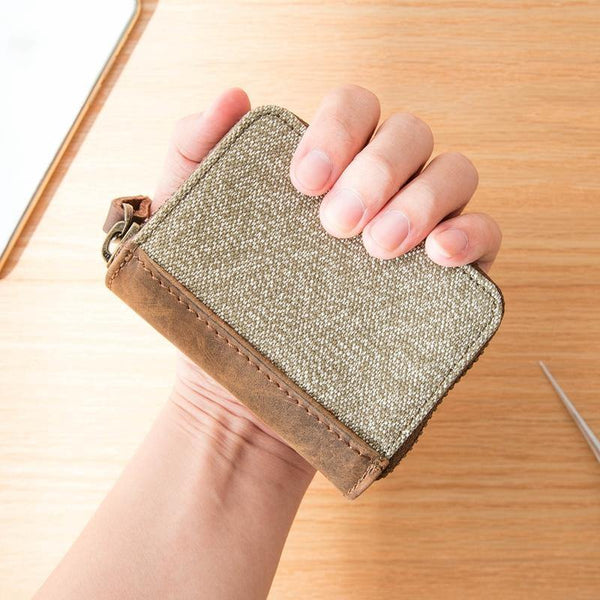 Gray Canvas Leather Mens Light Brown Small Wallets Zipper Bifold Card Wallet Coin Purse for Men - iwalletsmen