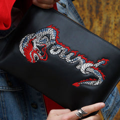 Handmade Leather Mens Chinese Dragon Clutch Cool Slim Wallet Zipper Clutch Wristlet Wallet for Men - iwalletsmen