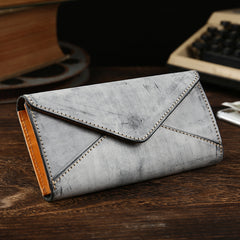 Handmade Leather Mens Gray Envelope Long Wallet Blue Long Wallet Clutch Bag For Men - iwalletsmen