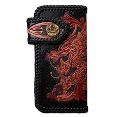 Handmade Mens Cool Tooled Chinese Dragon Leather Chain Wallet Biker Trucker Wallet with Chain