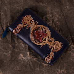 Black Tooled Leather Men's Bifold Long Zipper Wallet Clutch Bag Red For Women - iwalletsmen