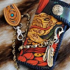 Handmade Mens Tooled GoldenToad Leather Chain Wallet Biker Trucker Wallet with Chain - iwalletsmen
