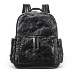 Black Leather Mens Backpack 15'' Laptop Rucksack Wrinkle School Backpack For Men