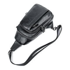 Badass Black Leather Backpack Men's 8-inch Sling Bag Chest Bag One shoulder Backpack Sports Bag For Men - iwalletsmen