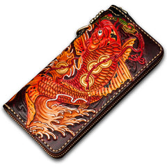 Handmade Leather Tooled Carp Mens Chain Biker Wallet Cool Leather Wallet Long Phone Wallets for Men