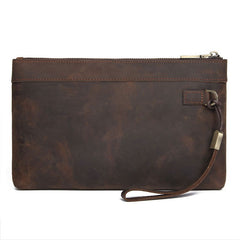 Dark Brown Leather Mens 8 inches Envelope Bag Wristlet Wallet Bag Zipper Clutch Wallet For Men - iwalletsmen