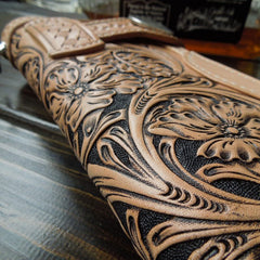 Handmade Leather Biker Wallet Tooled Floral Mens Cool Chain Wallet Trucker Wallet with Chain