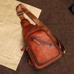 Vintage Brown Leather Men's Sling Bags Chest Bag Brown Sling Pack Sling Backpack For Men - iwalletsmen