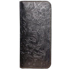 Handmade Leather Floral Mens Cool Travel Long Wallet Card Holder Card Slim Clutch Wallets for Men