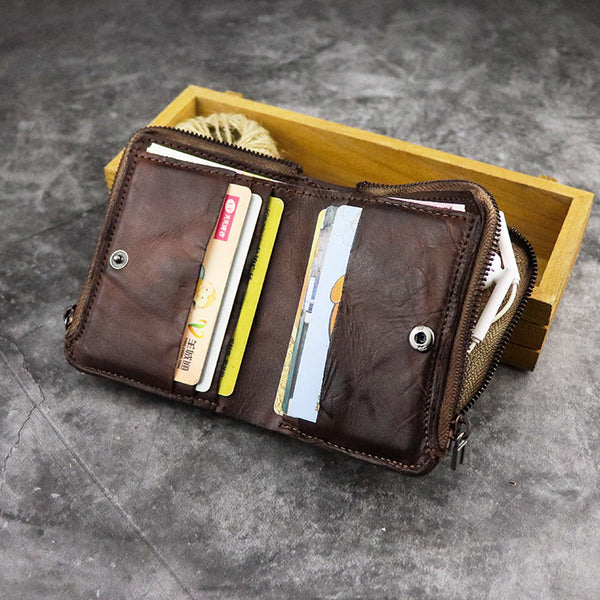 Brown Leather Men's Yellow Zipper Camel Small Wallet Bifold billfold Card Wallet For Men - iwalletsmen