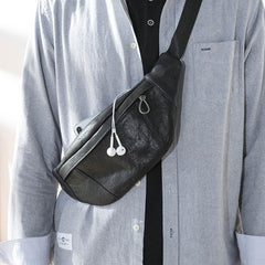 Fashion Black Leather Mens Chest Bag Sling Bag Black One Shoulder Backpack for Men - iwalletsmen