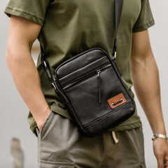 Black Small Leather Mens Vertical Side Bag Black Mini Postman Bag Messenger Bags Phone Bag for Men - iwalletsmen