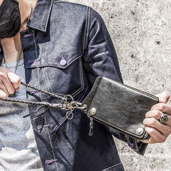 Genuine Mens Cool Long Leather Chain Wallet Cards Biker Trucker Wristlet Wallet - iwalletsmen
