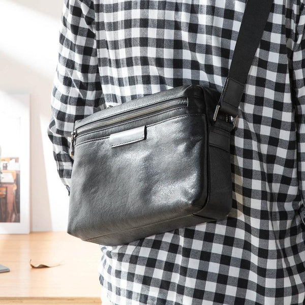 Black Soft Leather Mens 10 inches Courier Bag Postman Bag Black Messenger Bags Side Bag for Men - iwalletsmen