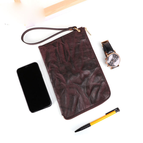 COFFEE Small MENS LEATHER SLIM ZIPPER CLUTCH WRISTLET PURSE BAG CLUTCH BAG FOR MEN - iwalletsmen