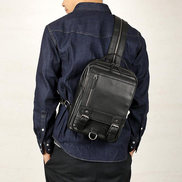 Black Leather Men's 10 inches Sling Bag Computer Backpack Black Travel Backpack Black Sling Pack For Men - iwalletsmen