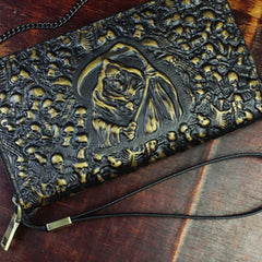 Handmade Leather Mens Tooled Skull Death Cool Zipper Phone Travel Long Wallet Card Holder Card Slim Clutch Wallets for Men