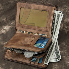Cool Leather Brown Men's Zipper billfold Small Wallet Bifold Wallet Card Wallet For Men - iwalletsmen