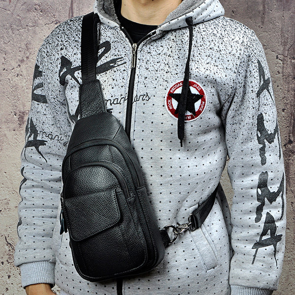 Fashion Black Leather Men's Sling Bag Chest Bag Brown One Shoulder Backpack For Men - iwalletsmen