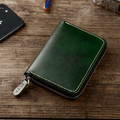 Handmade Cool Mens Leather Zipper Red Small Wallet Green Bifold billfold Wallet for Men - iwalletsmen