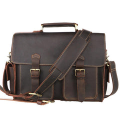 Vintage Dark Brown Leather Mens 14 inches Briefcase Work Shoulder Briefcase Handbags For Men - iwalletsmen