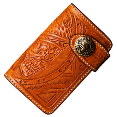 Handmade Leather Skull Indian Chief Tooled Mens billfold Wallet Cool Chain Wallet Biker Wallet for Men