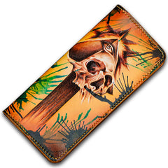 Handmade Leather Men Tooled Skull Cool Leather Wallet Long Phone Wallets for Men