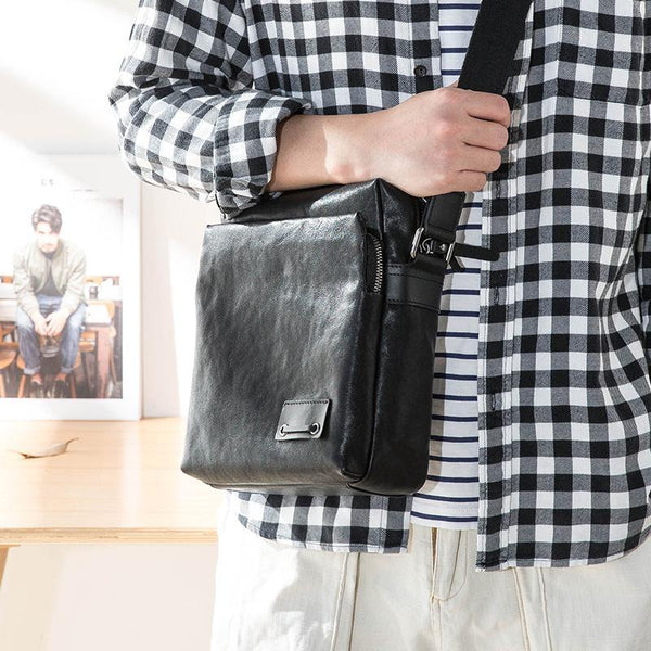 Cool Black Leather Mens 10 inches Vertical Messenger Bags Side Bag Courier Bag for Men - iwalletsmen