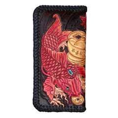 Handmade Leather Mens Clutch Wallet Tooled Cool Carp Wallet Long Zipper Wallets for Men
