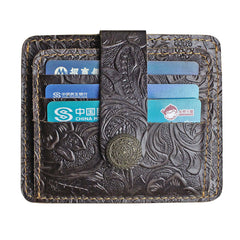 Handmade Leather Floral Mens Cool Front Pocket Wallet billfold Wallet Card Holder Small Card Slim Wallets for Men