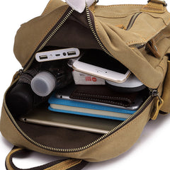 Canvas Leather Mens Mini Sling Bag Khaki Backpack One Shoulder Bag Green Chest Bag for Men - iwalletsmen