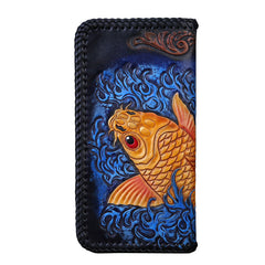 Handmade Leather Mens Clutch Wallet Tooled Cool Carp Wallet Long Zipper Wallets for Men