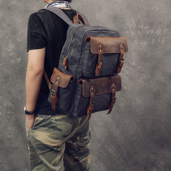 Waxed Canvas Leather Mens 15" Laptop Backpack Army Green Travel Backpack College Backpack for Men - iwalletsmen