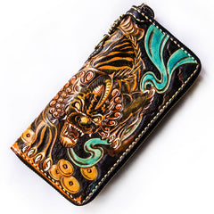 Handmade Leather Mens Tooled Monster Chain Biker Wallet Cool Leather Wallet Long Clutch Wallets for Men