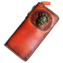 Handmade Leather Tooled Tibetan Mens Chain Biker Wallet Cool Leather Wallet Long Clutch Wallets for Men