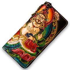 Handmade Leather Tooled Yellow Jambhala Mens Chain Biker Wallet Cool Leather Wallet Zipper Long Phone Wallets for Men