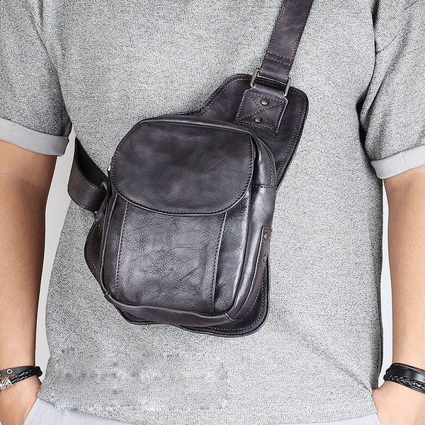Brown MENS Vintage LEATHER Sling Bag Chest Bag Gray One Shoulder Backpack For Men - iwalletsmen