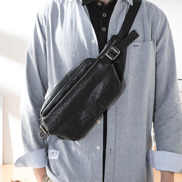 Black Casual Leather Mens 8inches Sling Bag Chest Bag Black One Shoulder Backpack for Men - iwalletsmen