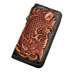 Handmade Leather Tooled Carp Mens Chain Biker Wallet Cool Leather Wallet Zipper Long Phone Wallets for Men