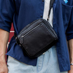 Black Cool Leather Mens Side Bag Postman Bag Small Black Messenger Bags Courier Bag for Men - iwalletsmen