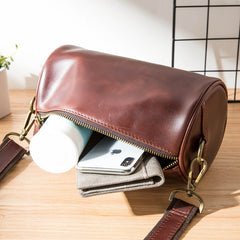 Red Brown Cool Leather Mens 8 inches Barrel Side Bag Bucket Messenger Bags Courier Bag for Men - iwalletsmen