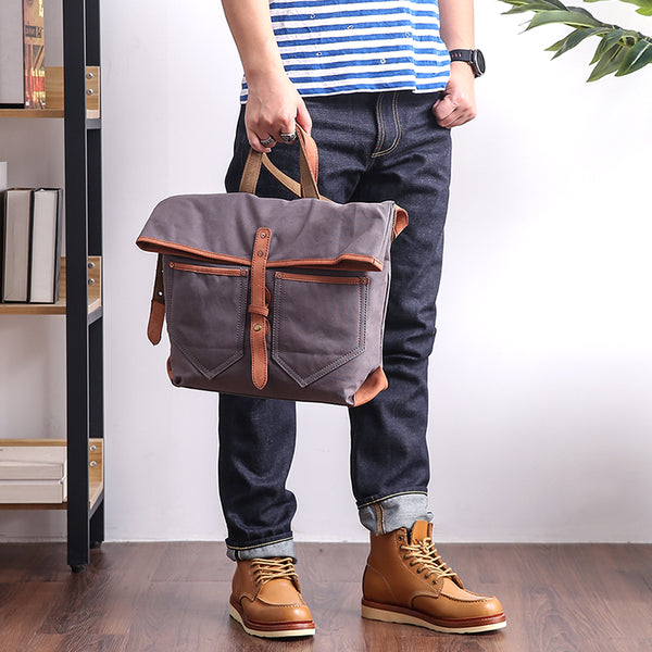 Canvas Leather Mens 13'' Khaki Side Bag Courier Bag Messenger Bag Black Shoulder Bag for Men - iwalletsmen