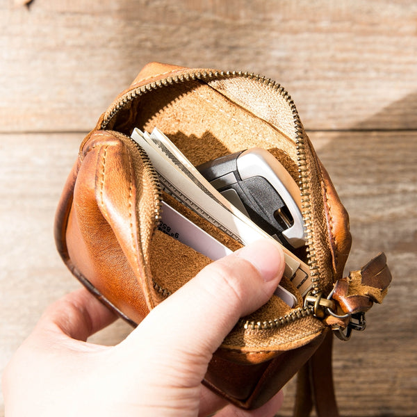 Brown Leather Mens Small Key Case Black Key Holder Coin Purse Card Holder For Men - iwalletsmen