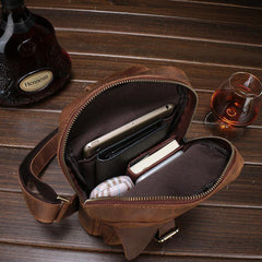 Brown Cool LEATHER MENS Sling Bags One Shoulder Backpack Dark Coffee Chest Bag For Men - iwalletsmen