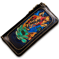 Handmade Leather Carp Mens Chain Biker Wallet Cool Leather Wallet Long Phone Wallets for Men