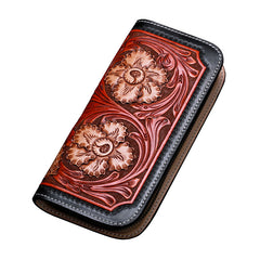 Handmade Leather Mens Clutch Wallet Cool Floral Tooled Wallet Long Zipper Wallets for Men